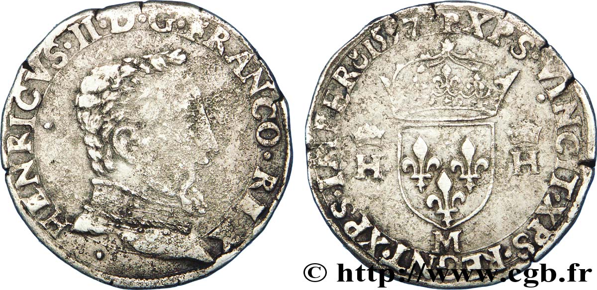 HENRY II Teston à la tête nue, 5e type légende fautive avec REGNT 1557 Toulouse VF/XF