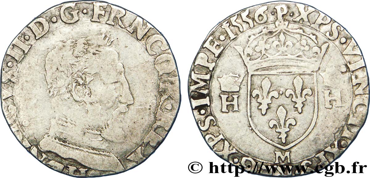 HENRY II Demi-teston à la tête nue, 5e type, légende fautive avec FRNCOR 1556 Toulouse BC+/MBC