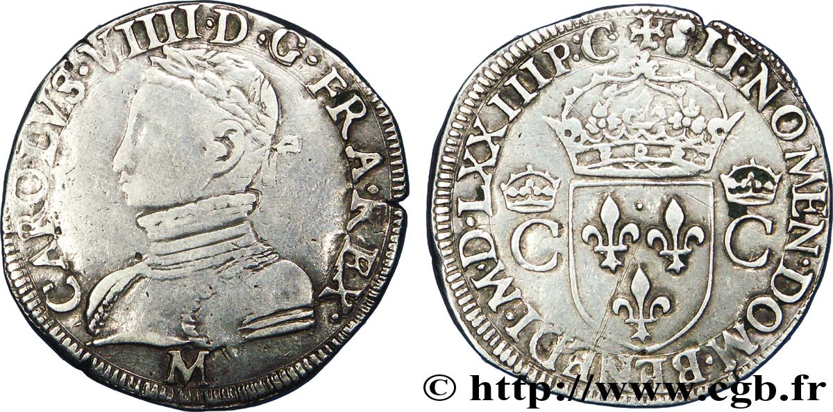 CHARLES IX Teston, 2e type 1573 (MDLXXIII) Toulouse SS/fVZ