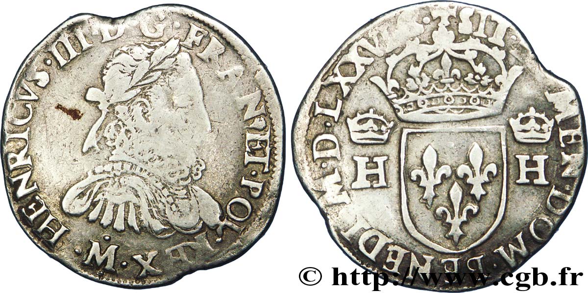HENRI III Teston, 3e type, col fraisé 1576 (MDLXXVI) Toulouse TB+