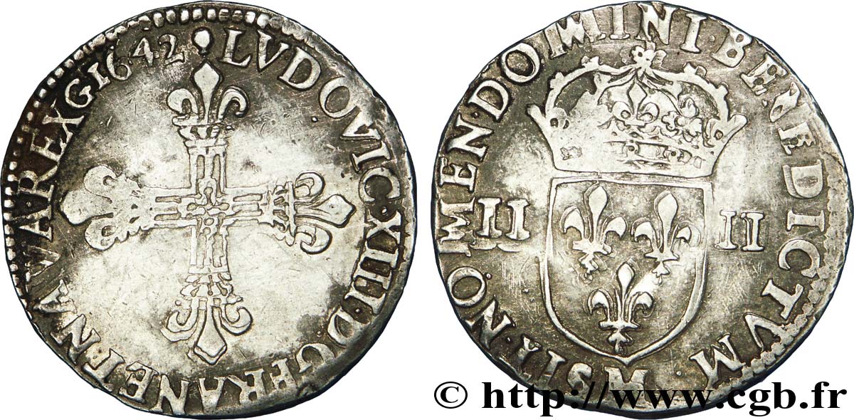 LOUIS XIII LE JUSTE Quart d&nbsp;écu, à la croix fleurdelisée, titulature côté croix 1642 Toulouse TTB