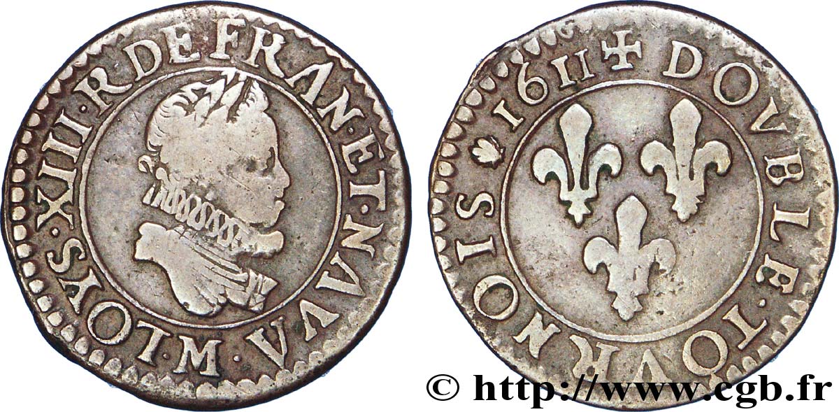 LOUIS XIII LE JUSTE Double tournois 1611 Toulouse TTB
