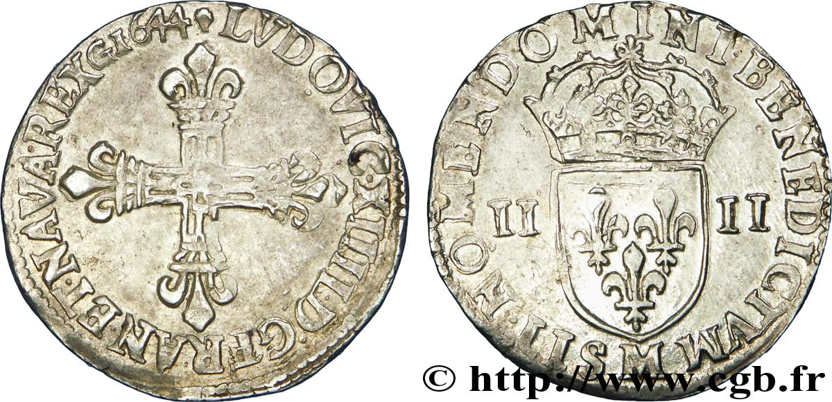 LOUIS XIV  THE SUN KING  Quart d écu, 1er type 1644 Toulouse XF/AU