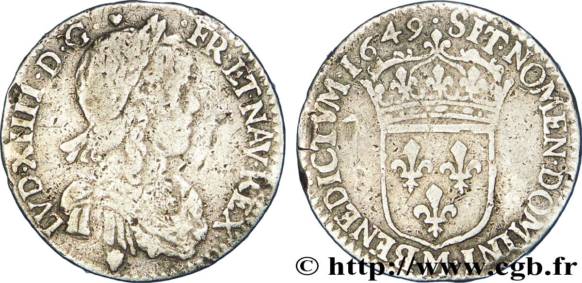 LOUIS XIV  THE SUN KING  Douzième d écu à la mèche longue 1649 Toulouse F/VF