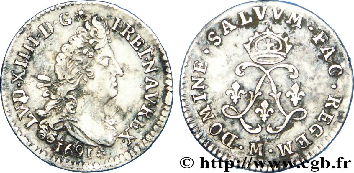 LOUIS XIV LE GRAND OU LE ROI SOLEIL Quadruple sol aux deux L 1691 Toulouse TTB/TTB+