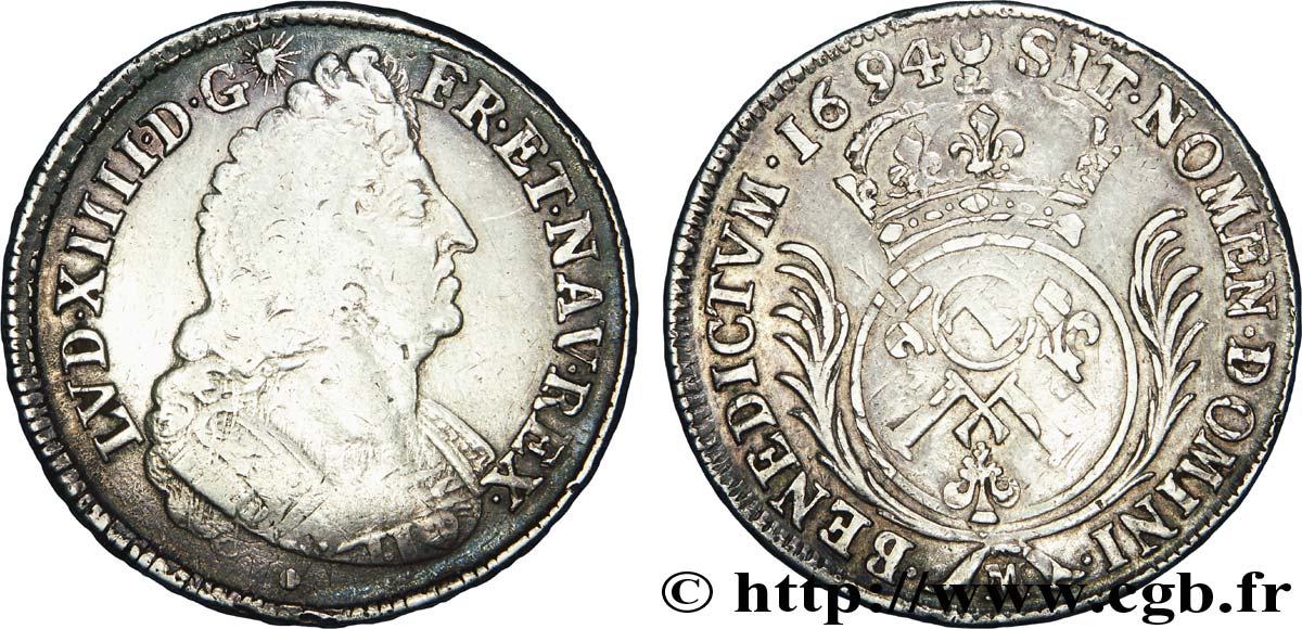 LOUIS XIV LE GRAND OU LE ROI SOLEIL Écu aux palmes 1694 Toulouse TB+/TTB