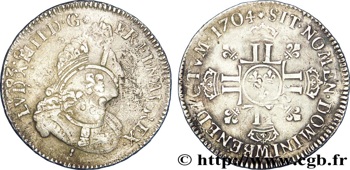 LOUIS XIV LE GRAND OU LE ROI SOLEIL Demi-écu aux huit L, 2e type 1704 Toulouse TB/TB+