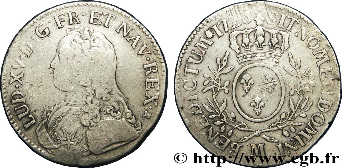 LOUIS XV  THE WELL-BELOVED  Écu aux branches d olivier, buste habillé 1726 Toulouse MB/q.BB