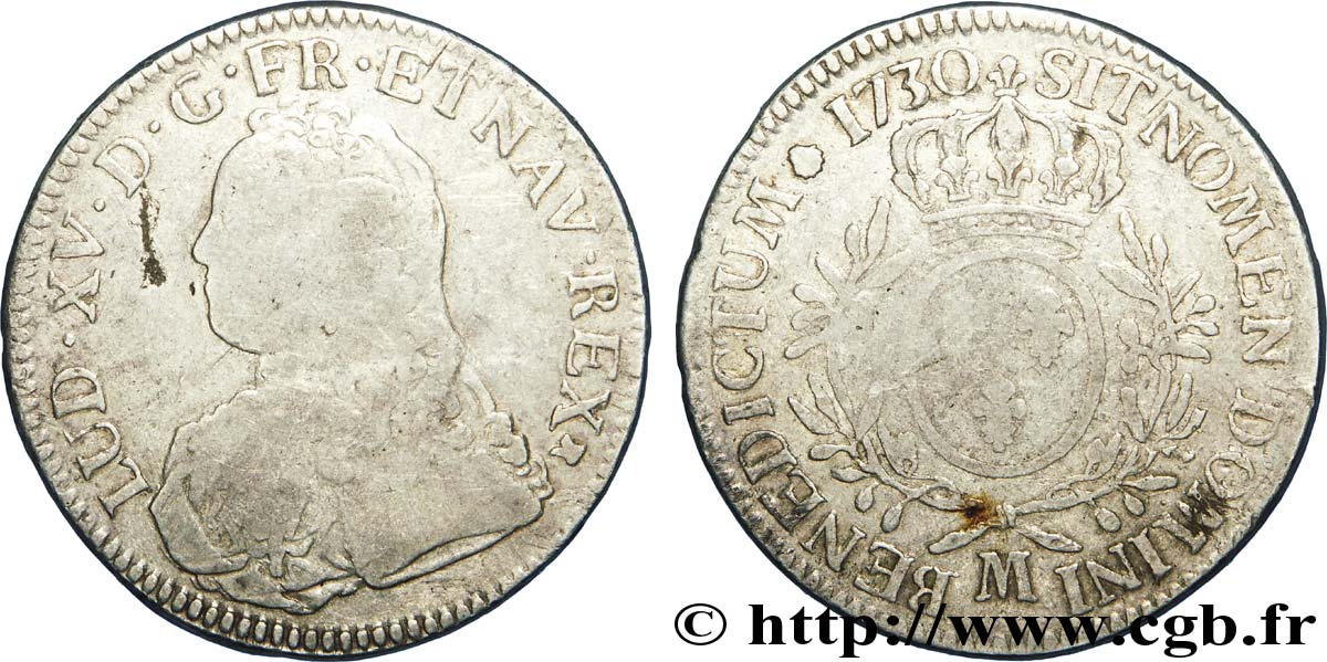 LOUIS XV &nbsp;THE WELL-BELOVED&nbsp; Écu aux branches d&nbsp;olivier, buste habillé 1730 Toulouse F/VF