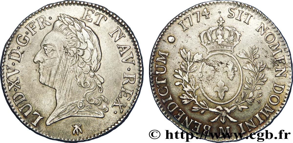 LOUIS XV THE BELOVED Écu dit &nbsp;à la vieille tête&nbsp; 1774 Toulouse XF/AU