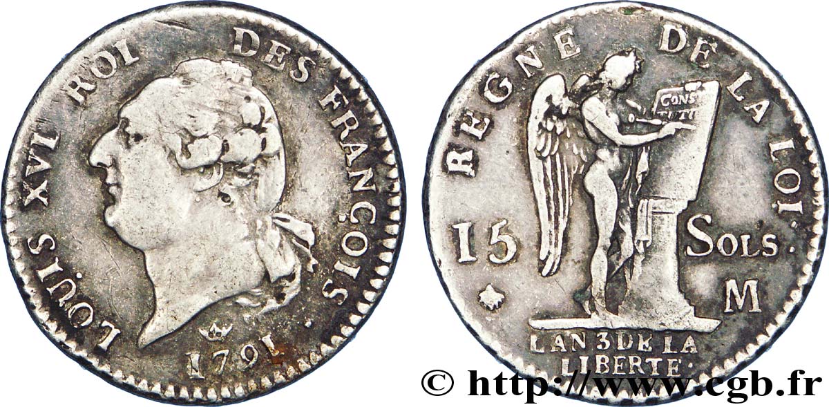 LOUIS XVI (MONARQUE CONSTITUTIONNEL)  15 sols dit  au génie , type FRANÇOIS 1791 Toulouse TTB