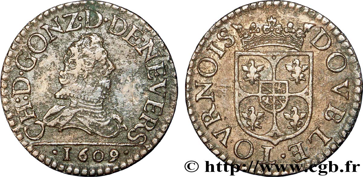 ARDENNES - PRINCIPALITY OF ARCHES-CHARLEVILLE - CHARLES I GONZAGA Double tournois, type 3 XF/AU