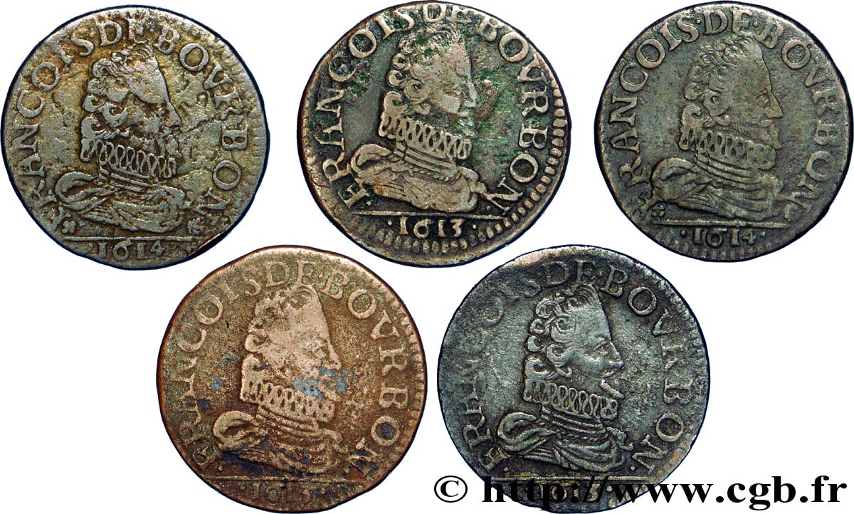 PRINCIPALITY OF CHATEAU-REGNAULT - FRANCIS OF BOURBON-CONTI Lot de 5 liards, type 3 VF/XF
