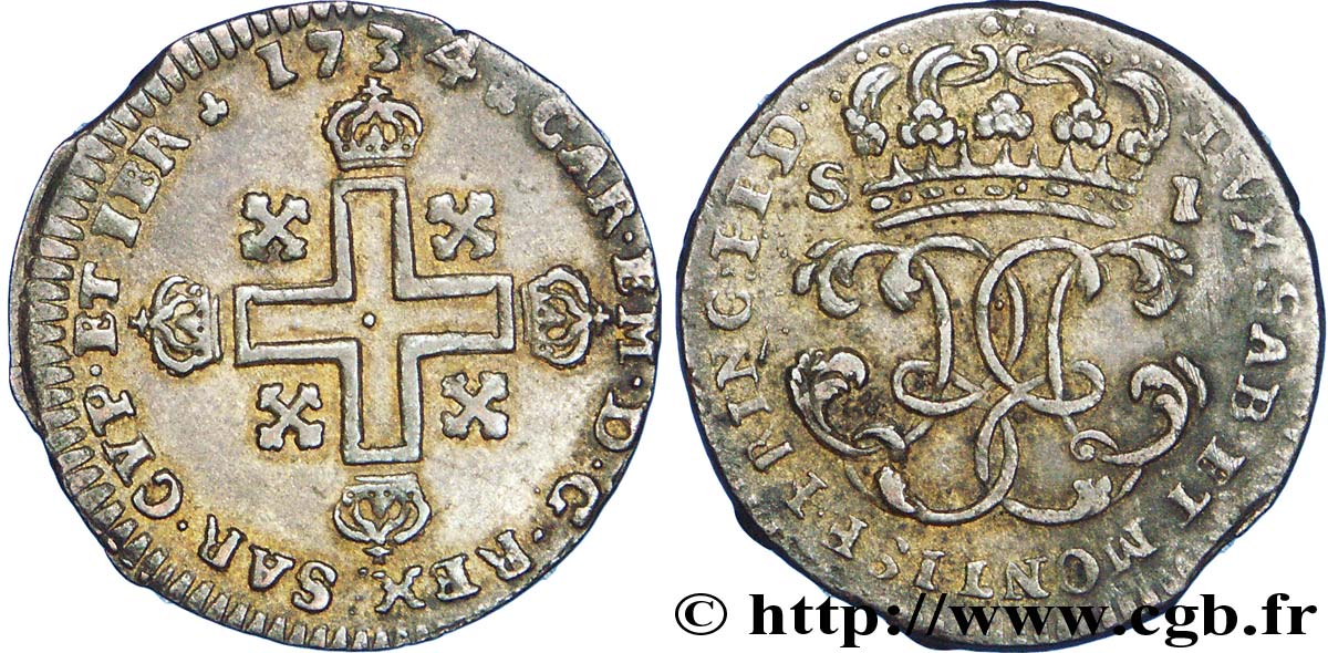 DUCHY OF SAVOY - CHARLES-EMMANUEL III Sol, 1er type (soldo) 1734 Turin MBC+/MBC
