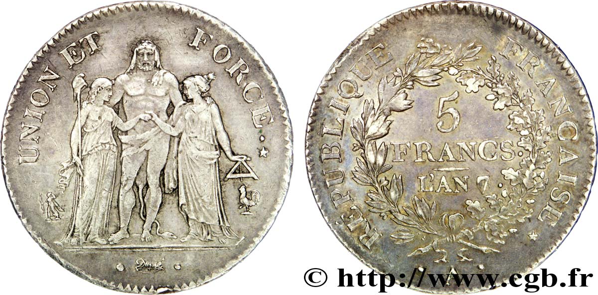 5 francs Union et Force, Union serré, gland intérieur haut, gland extérieur, petite feuille 1799 Paris F.288/104 VZ 