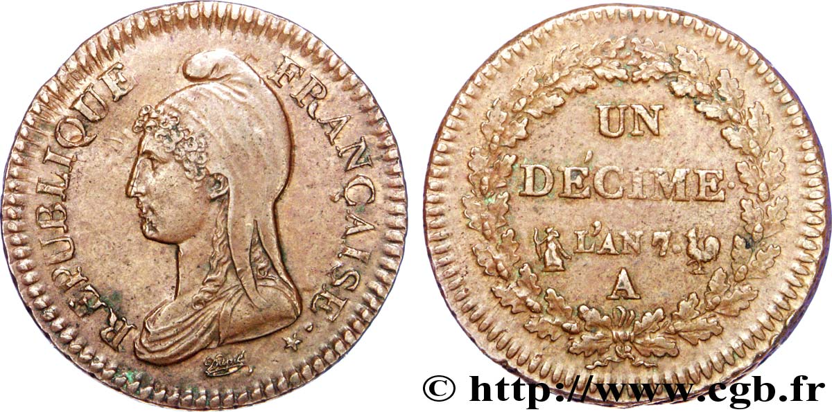 Un décime Dupré, grand module 1799 Paris F.129/20 VZ 