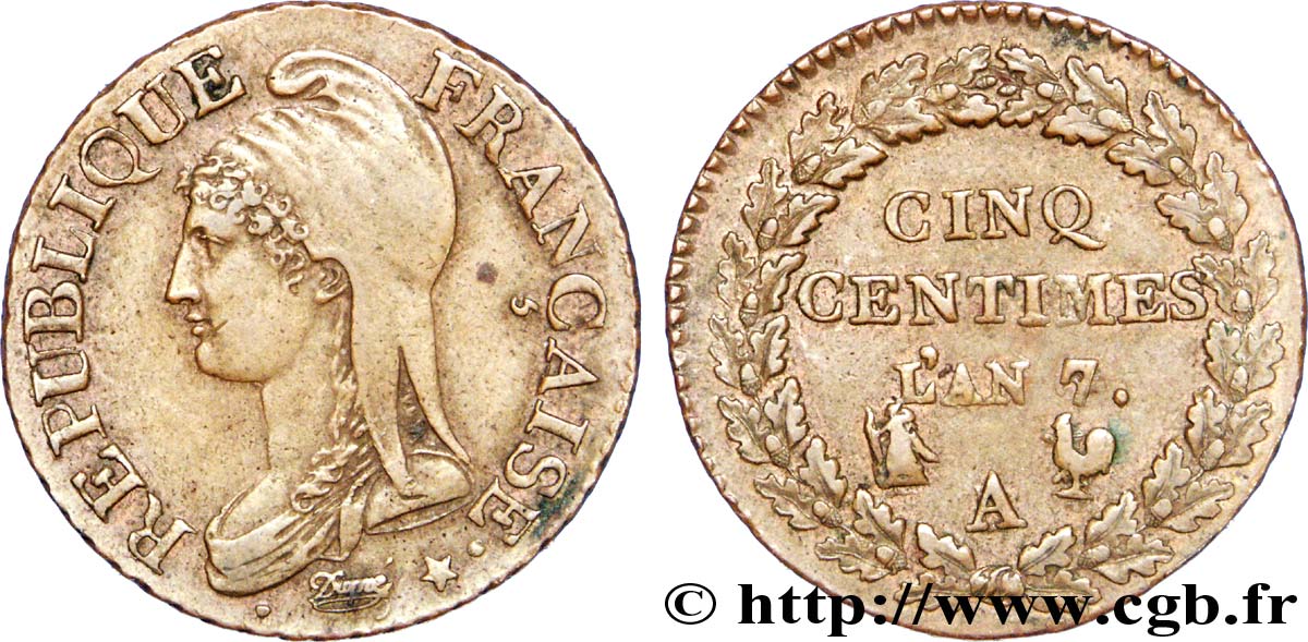 Cinq centimes Dupré, grand module 1799 Paris/Rouen F.115/55 XF 