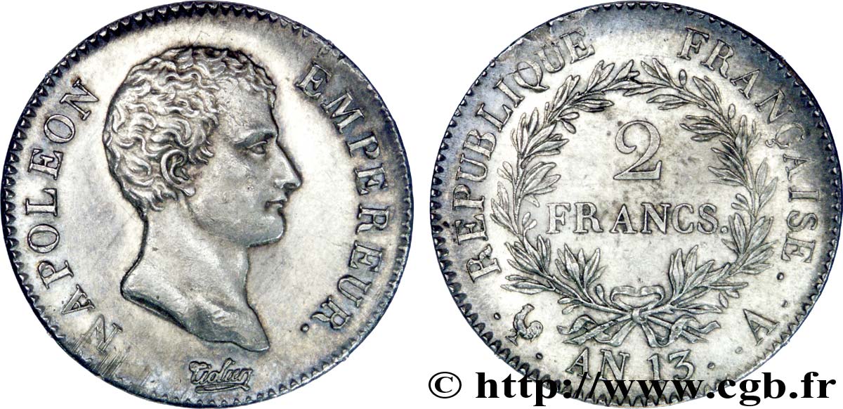 2 francs Napoléon Empereur, Calendrier révolutionnaire 1805 Paris F.251/12 fST 