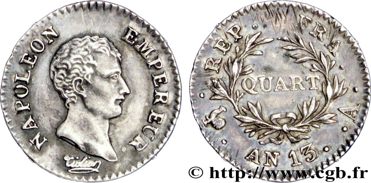 Quart (de franc) Napoléon Empereur, Calendrier révolutionnaire 1805 Paris F.158/8 AU 