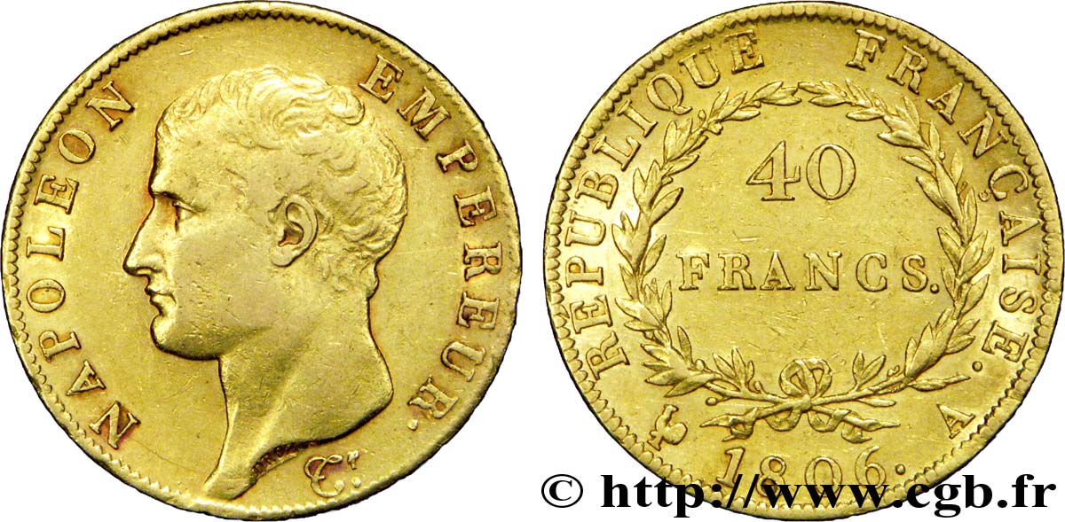 40 francs or Napoléon tête nue, Calendrier grégorien 1806 Paris F.538/1 MBC 