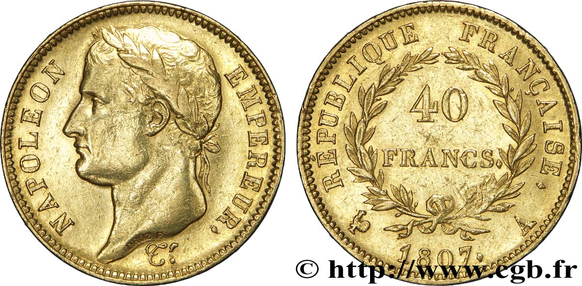 40 francs or Napoléon Ier tête laurée, République française 1807 Paris F.540/1 TTB 