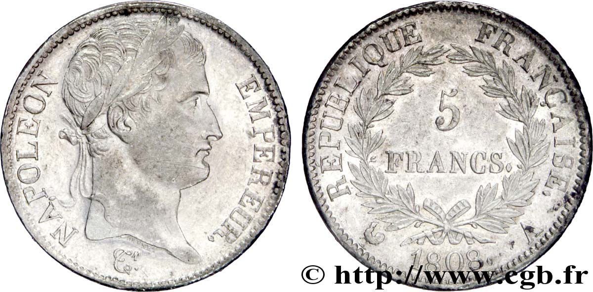 5 francs Napoléon Empereur, République française 1808 Paris F.306/2 SPL 
