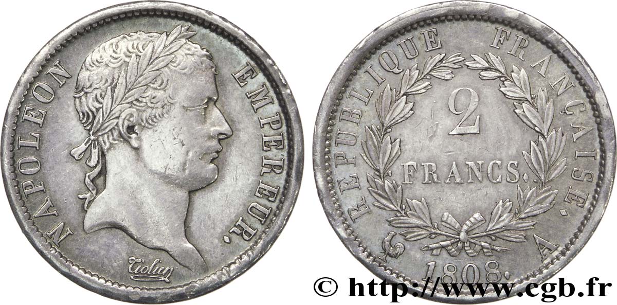 2 francs Napoléon Ier tête laurée, République française 1808 Paris F.254/4 SPL 