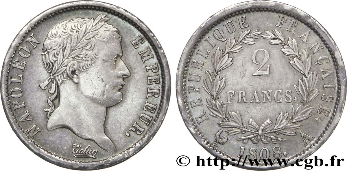 2 francs Napoléon Ier tête laurée, République française 1808 Paris F.254/4 SUP 