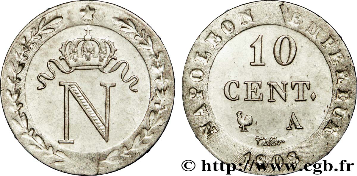 10 cent. à l N couronnée, coins choqués 1808 Paris F.130/2 MS 