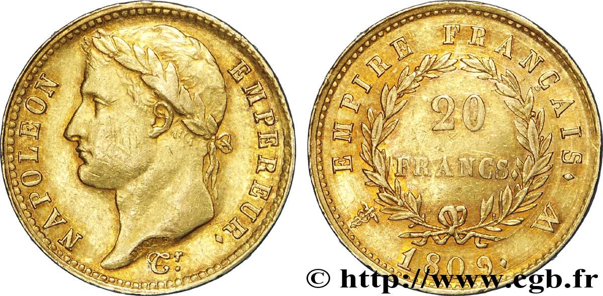 20 francs or Napoléon Ier tête laurée, Empire français 1809 Lille F.516/7 BB 