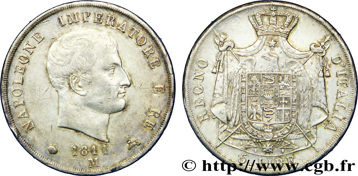 5 lire Napoléon Ier, 2e type, tranche en creux 1811 Milan M.225  TTB 