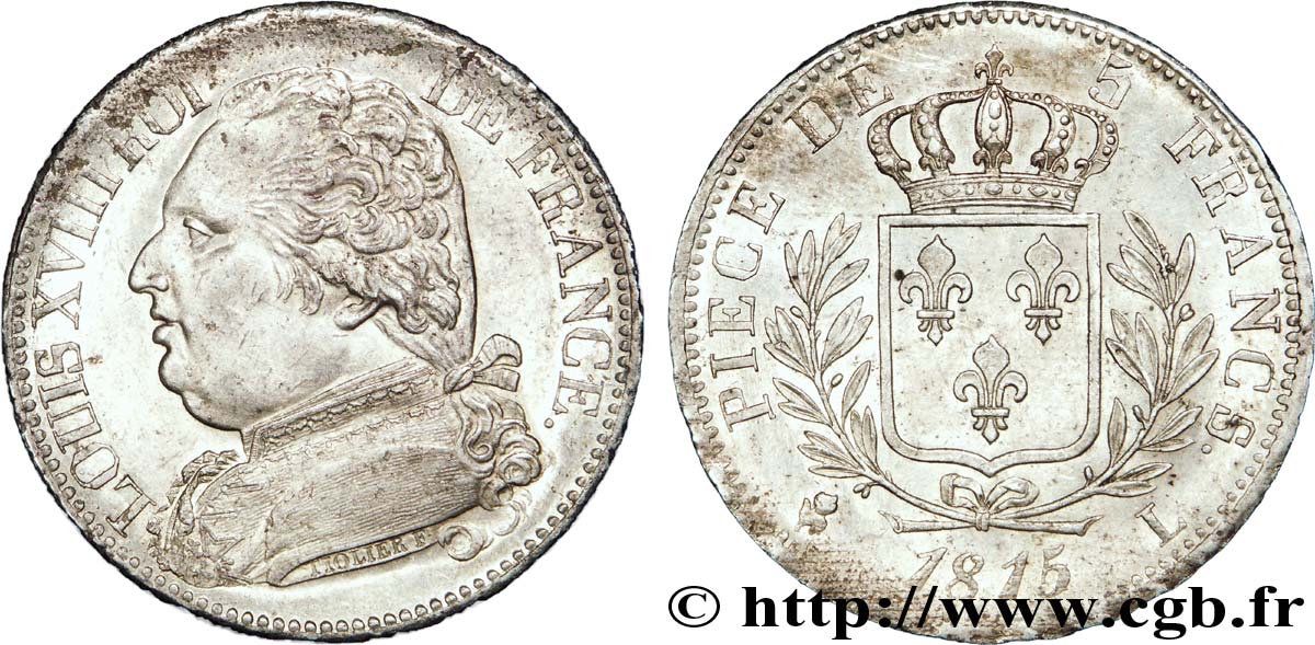 5 francs Louis XVIII, buste habillé 1815 Bayonne F.308/23 SUP 
