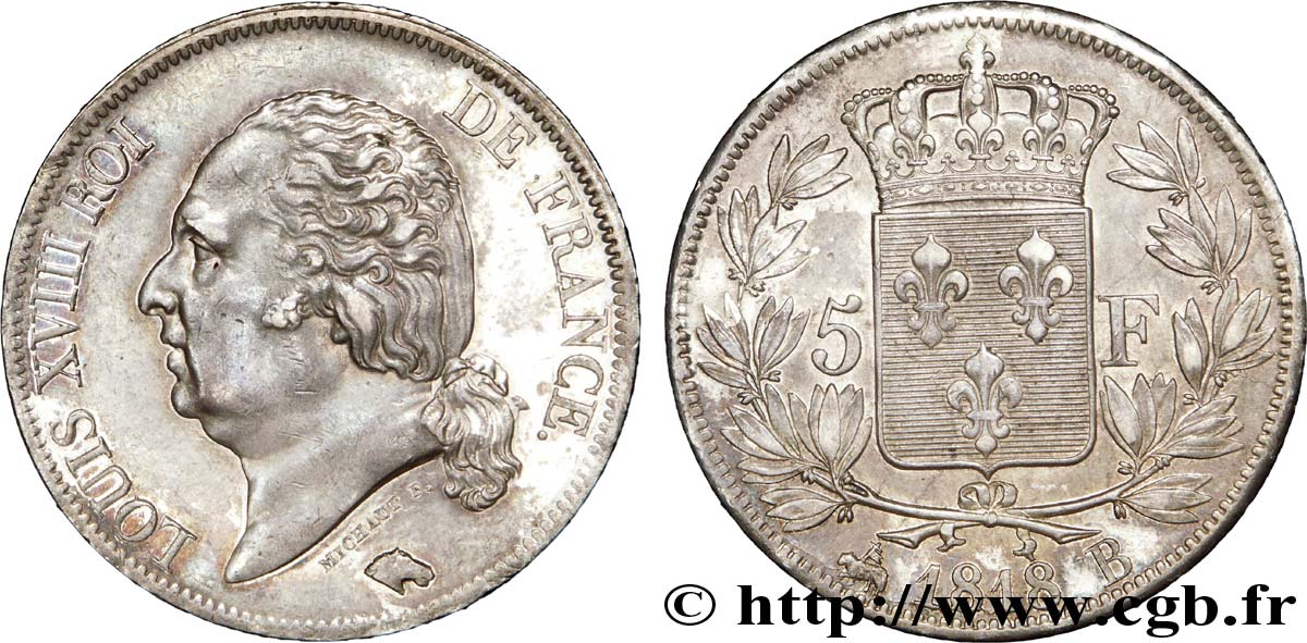 5 francs Louis XVIII, tête nue 1818 Rouen F.309/29 AU 