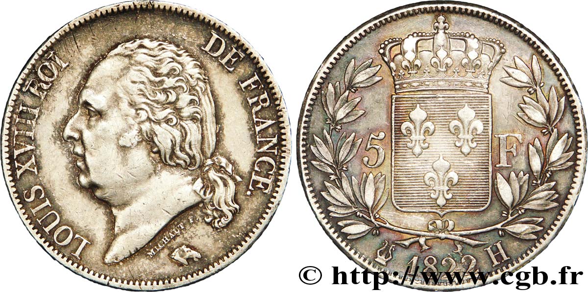 5 francs Louis XVIII, tête nue 1822 La Rochelle F.309/71 XF 