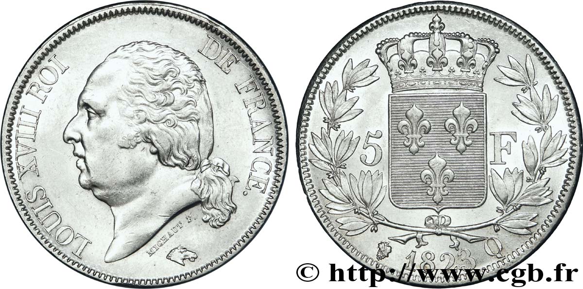 5 francs Louis XVIII, tête nue 1823 Perpignan F.309/86 SUP 