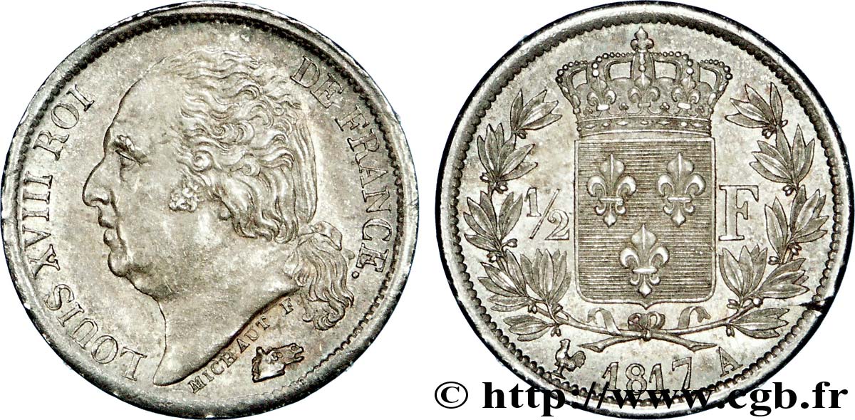 1/2 franc Louis XVIII 1817 Paris F.179/9 AU 