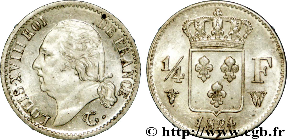 1/4 franc Louis XVIII  1824 Lille F.163/35 AU 