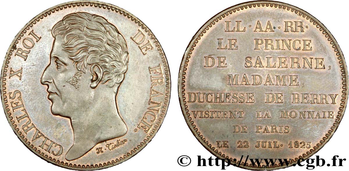 Pièce de plaisir, module de 5 francs, pour la visite de la Monnaie de Paris par le prince de Salerne et la duchesse de Berry 1825 Paris VG.2630  AU 