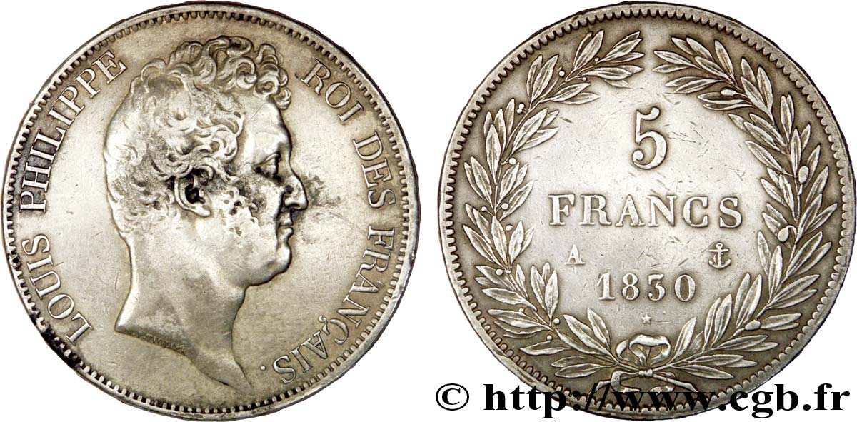 5 francs type Tiolier sans le I, tranche en relief 1830  Paris F.314/1 XF 