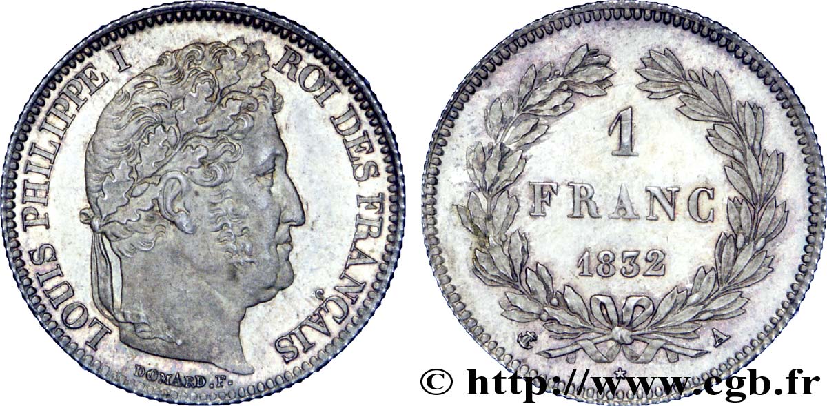 1 franc Louis-Philippe, couronne de chêne 1832 Paris F.210/1 fST 