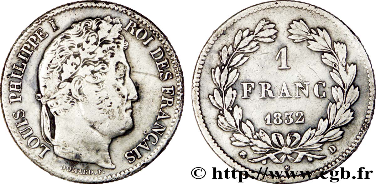 1 franc Louis-Philippe, couronne de chêne 1832 Lyon F.210/4 TB 