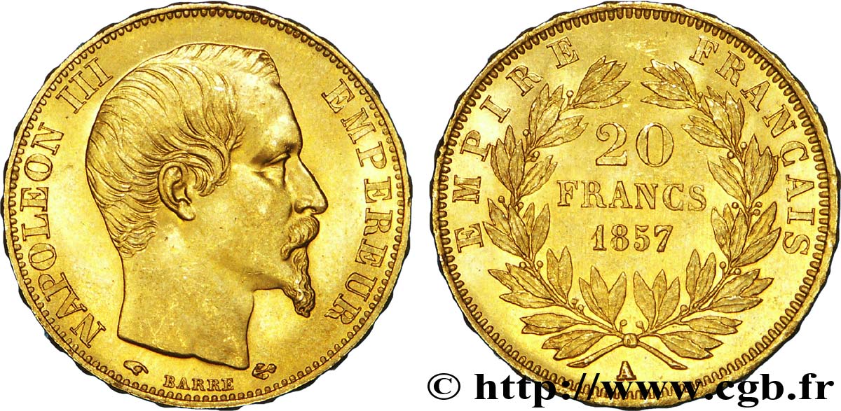 20 francs or Napoléon III, tête nue 1857 Paris F.531/12 EBC 