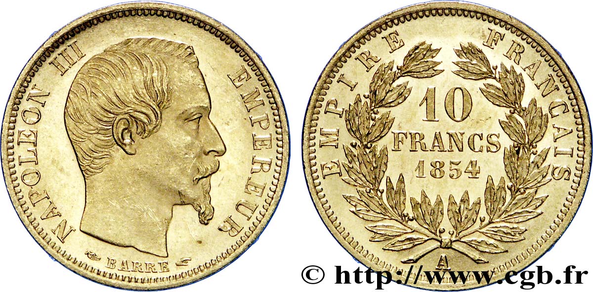 10 francs or Napoléon III, tête nue, petit module, tranche lisse 1854 Paris F.505/1 SPL 