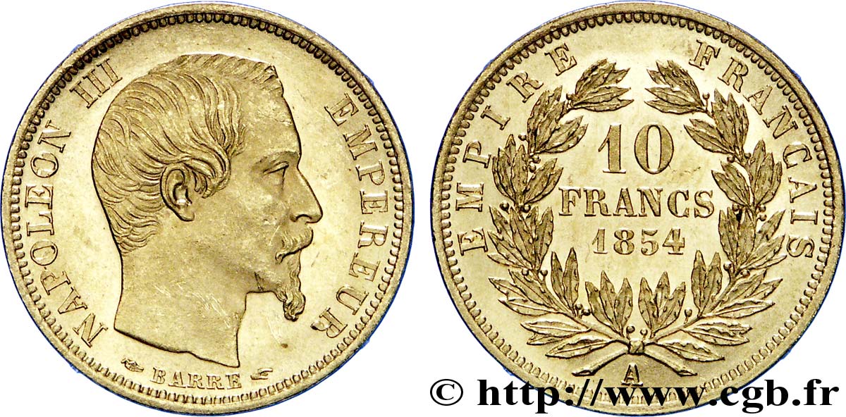 10 francs or Napoléon III, tête nue, petit module, tranche lisse 1854 Paris F.505/1 MS 