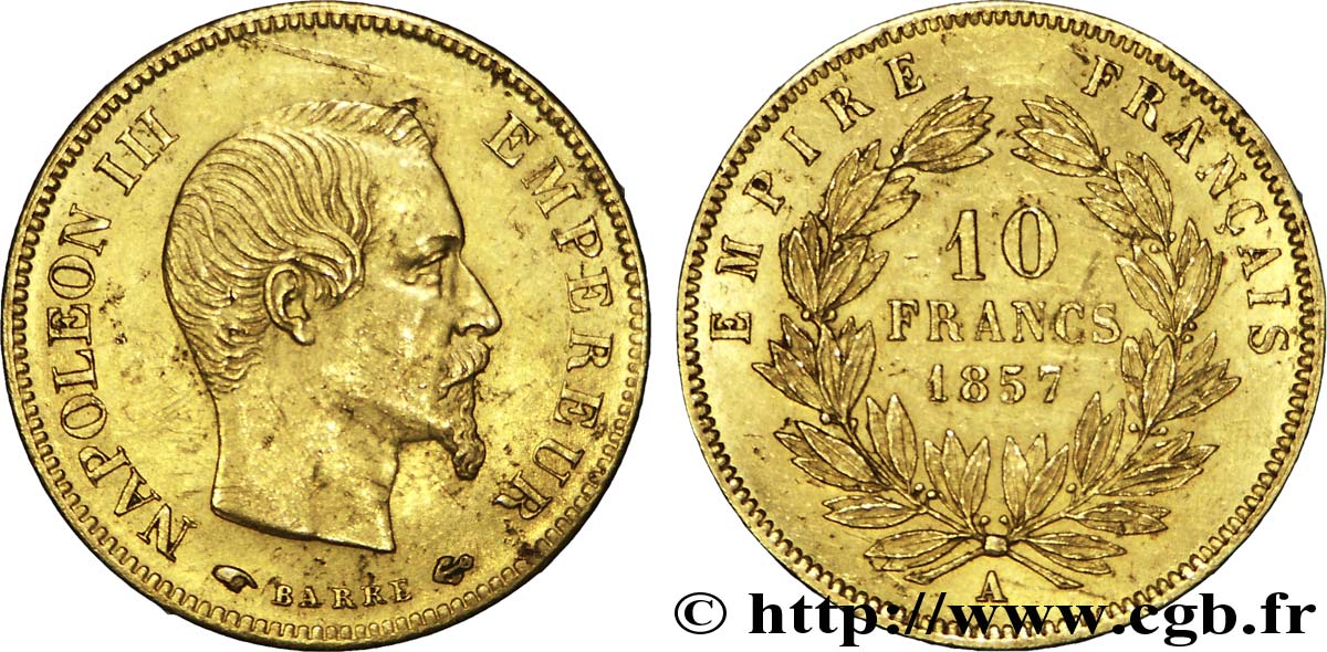 10 francs or Napoléon III tête nue 1857 Paris F.506/4 SUP 