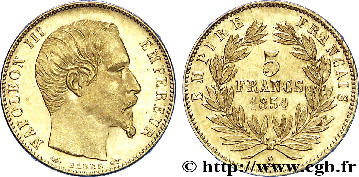5 francs or Napoléon III, tête nue, petit module, tranche lisse 1854 Paris F.500/1 SPL 