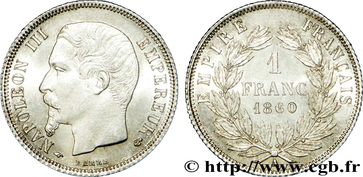1 franc Napoléon III, tête nue, différent main 1860 Paris F.214/14 SC 