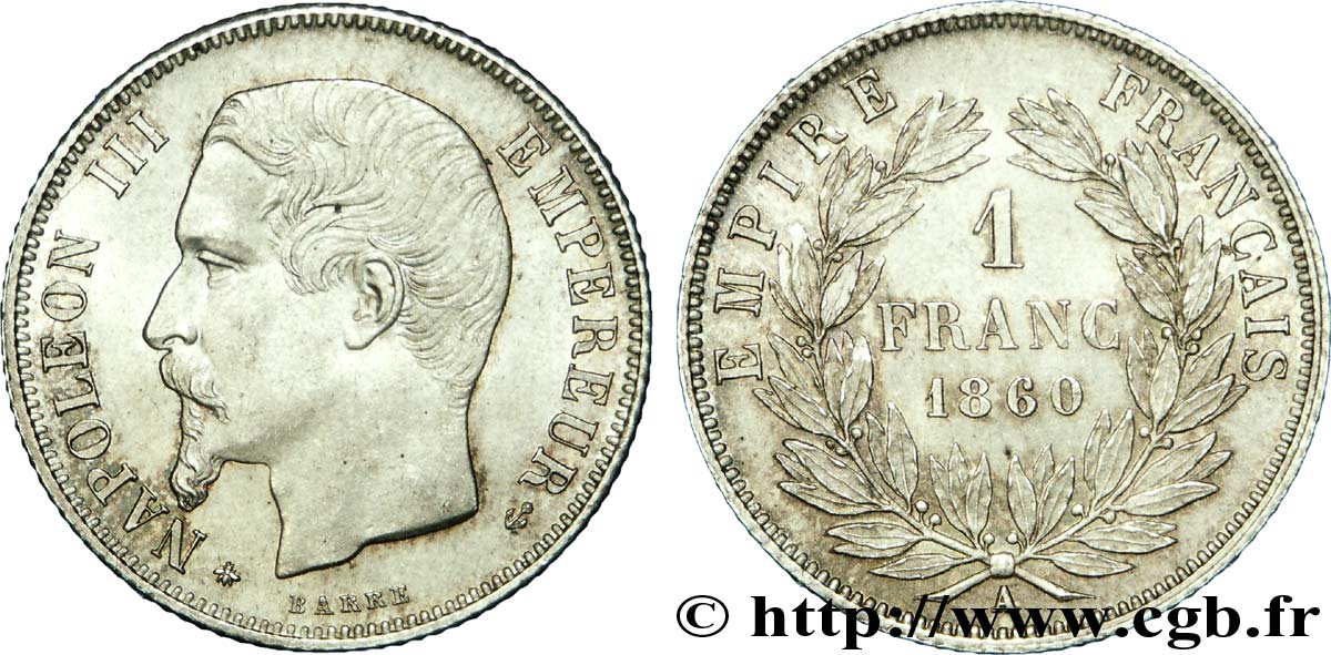 1 franc Napoléon III, tête nue, différent abeille 1860 Paris F.214/15 AU 
