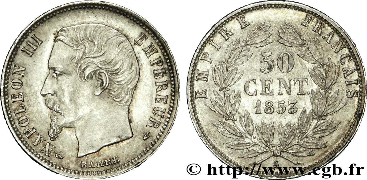 50 centimes Napoléon III, tête nue 1853 Paris F.187/1 AU 