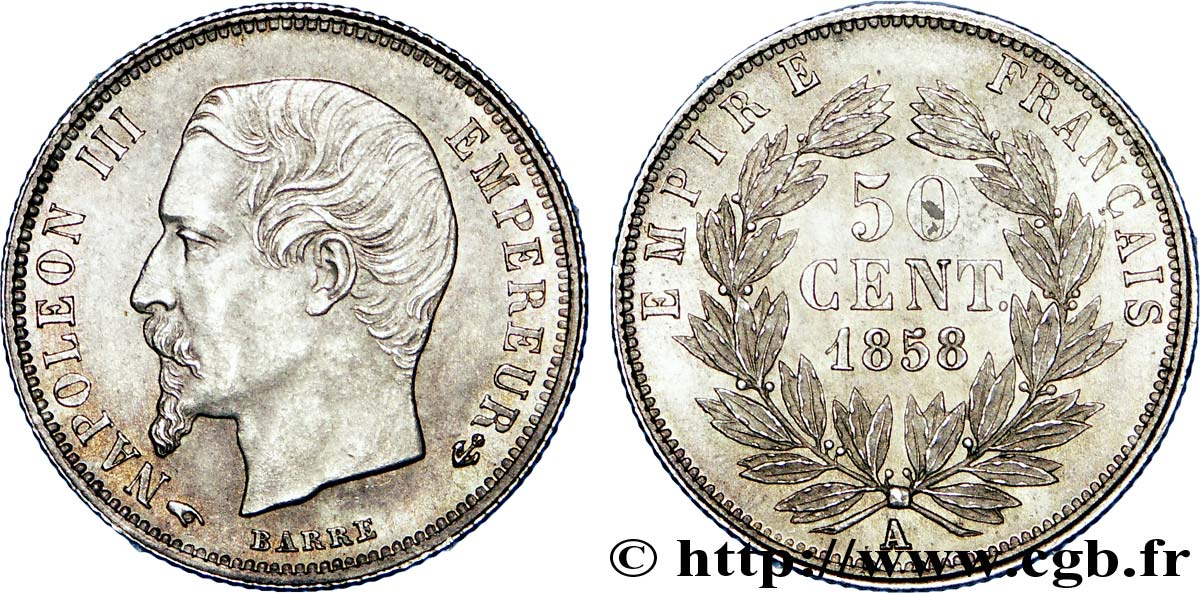 50 centimes Napoléon III, tête nue 1858 Paris F.187/9 SUP 